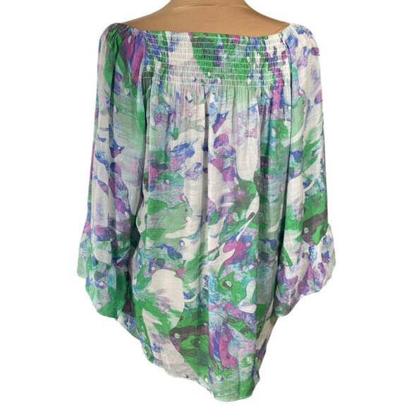 Zac & Rachel OTS Top Blouse Size 1X Blue Green Floral Smocked - Picture 3 of 7